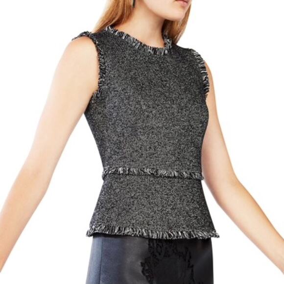 BCBGMAXAZRIA Ruffle Zip Up Marbled Fringe Black Vest Top Shirt – Large - Picture 5 of 15